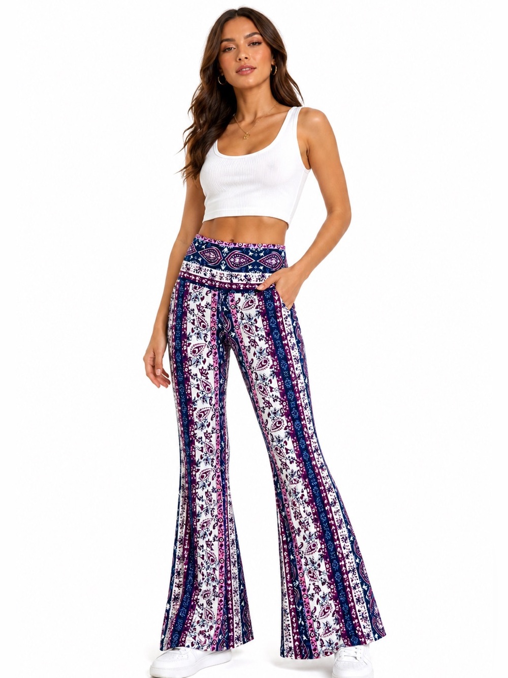Boho Floral High-Waist Flare Pants - White/Navy Size Medium